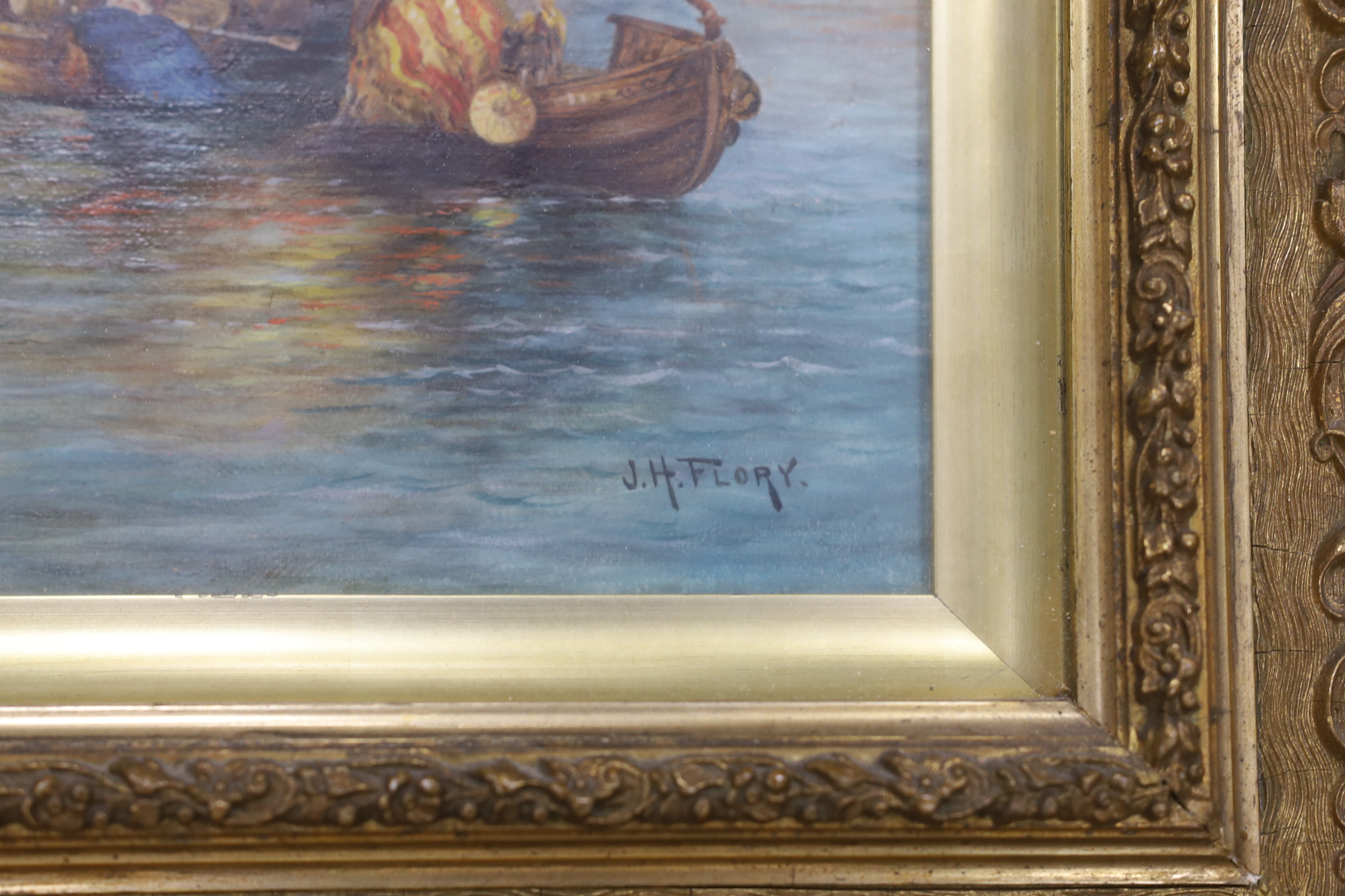 J. H. Flory (19th/20th. C), oil on canvas, Venetian landscape with gondolas, signed, 28 x 43cm